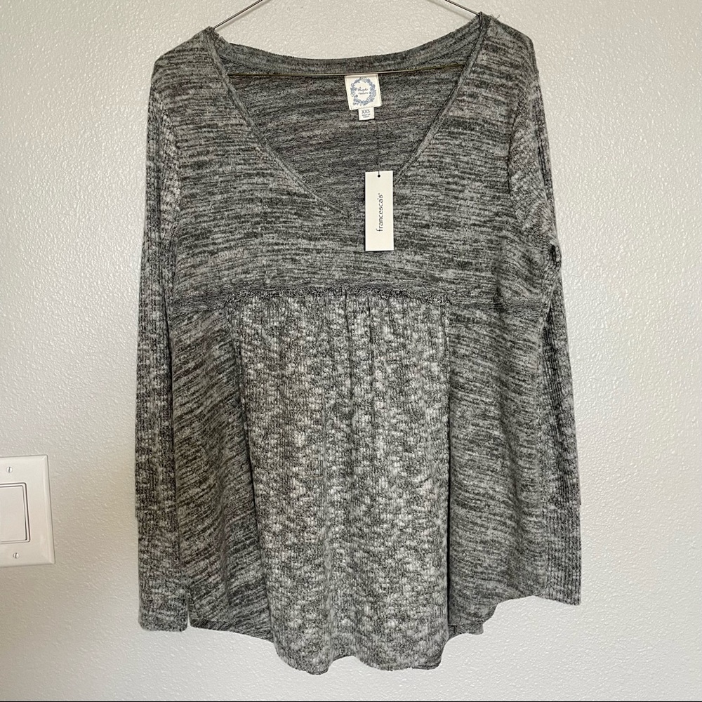 FRANCESCA’S Blue Rain Bethany Babydoll Double Slit Blouse Sweater Gray Sweater
